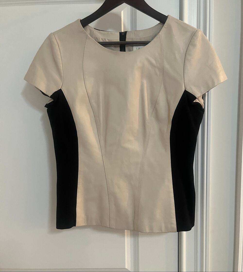Vakko Luxury Lambskin Buttery Leather Top Sz. L Tan Black Knit Panel